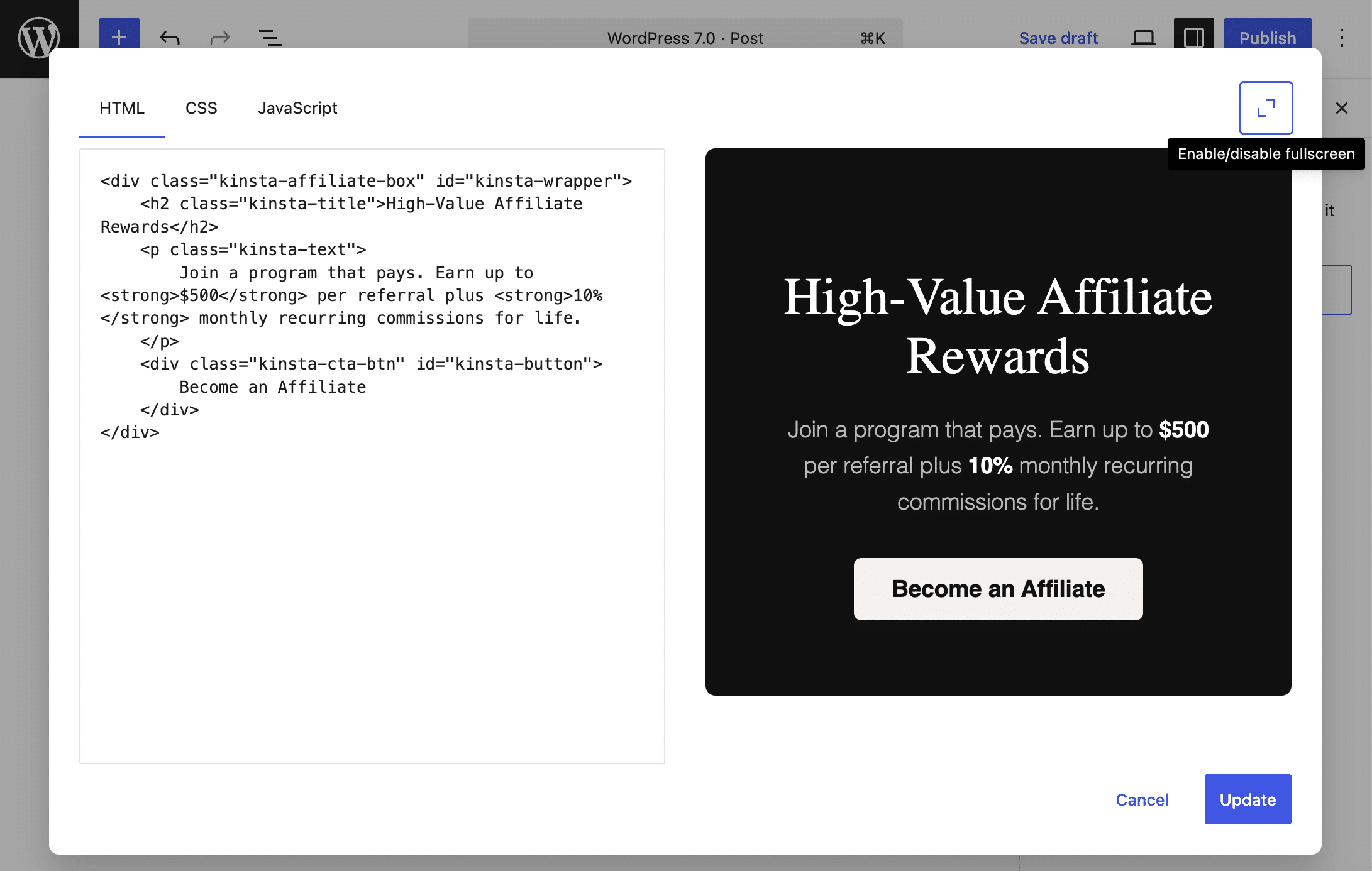 Das Modal des HTML-Blocks im Vollbildmodus