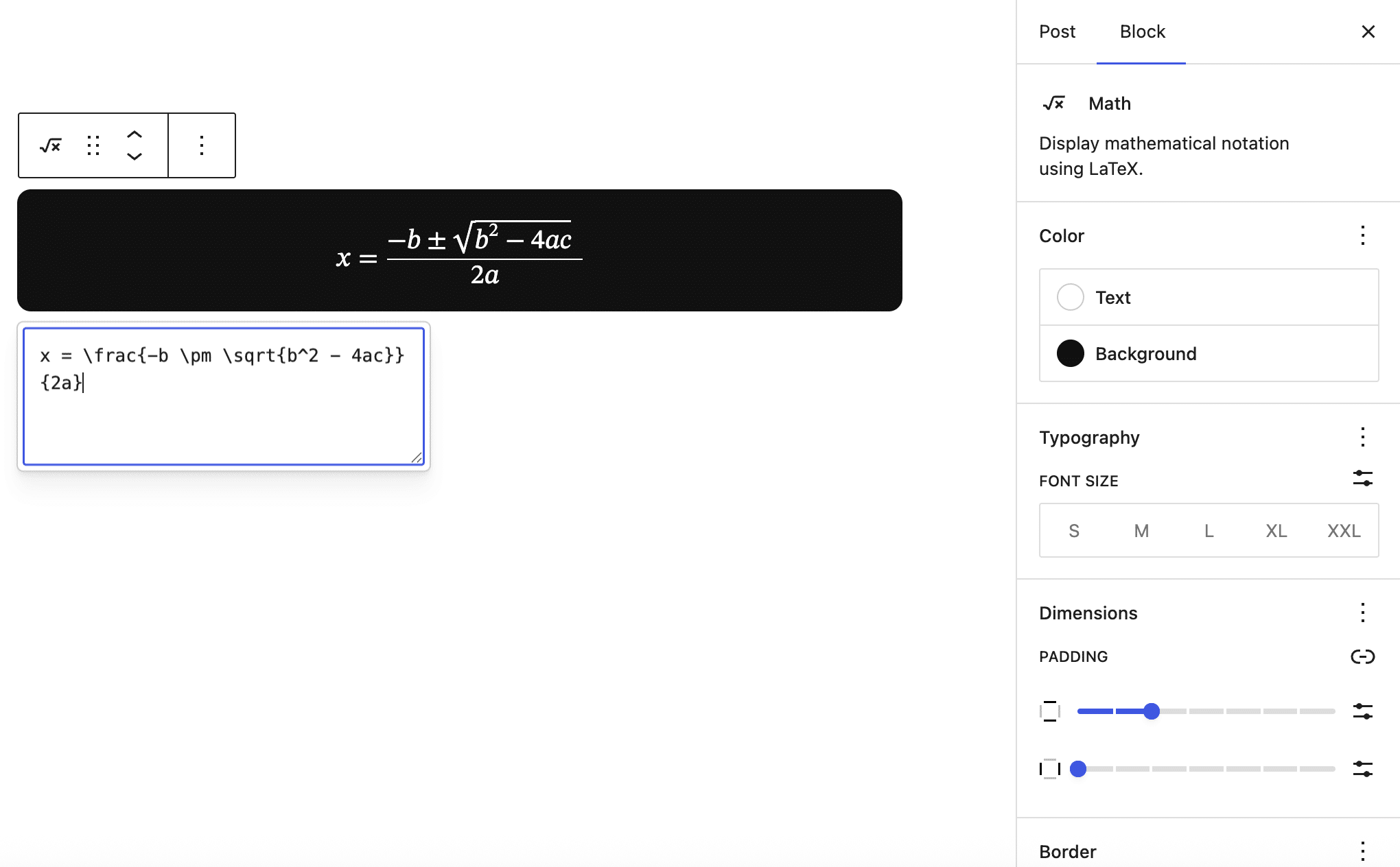 Styling-Optionen für den Mathe-Block