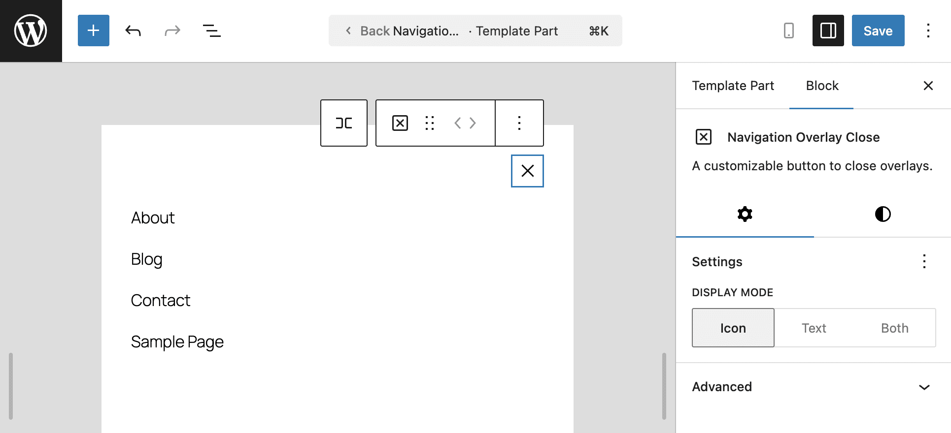 Navigation Overlay Blockeinstellungen schließen