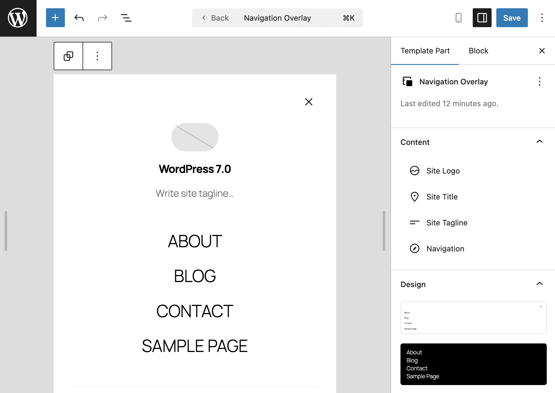 Einstellungen des Vorlagenteils Navigation Overlay