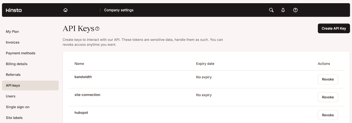 The MyKinsta dashboard showing the API Keys screen that includes two existing API keys, along with a button to create a new one.