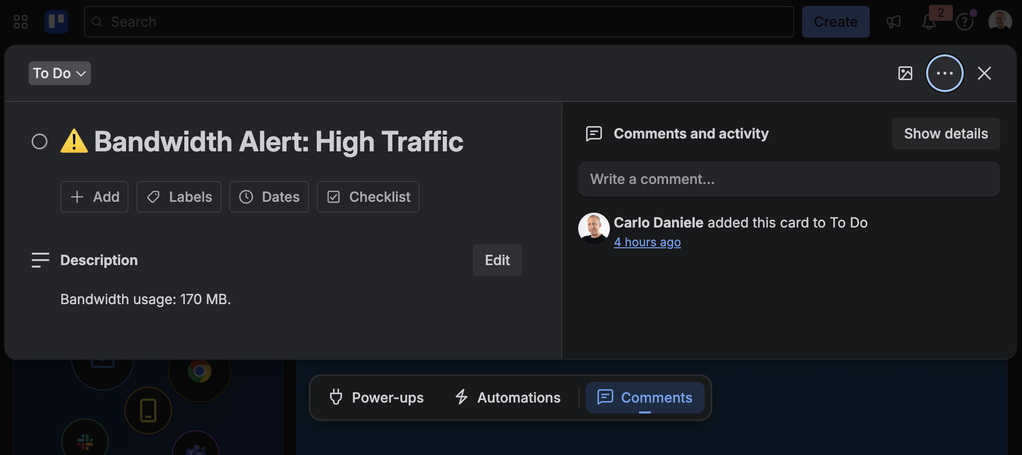 Um cartão do Trello criado automaticamente após uma verificação de largura de banda.