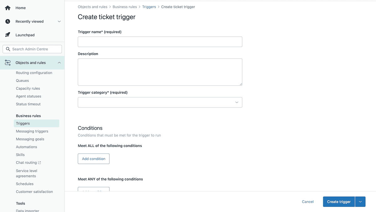 Die Seite Zendesk Triggers zeigt eine leere Seite zur Erstellung eines Triggers