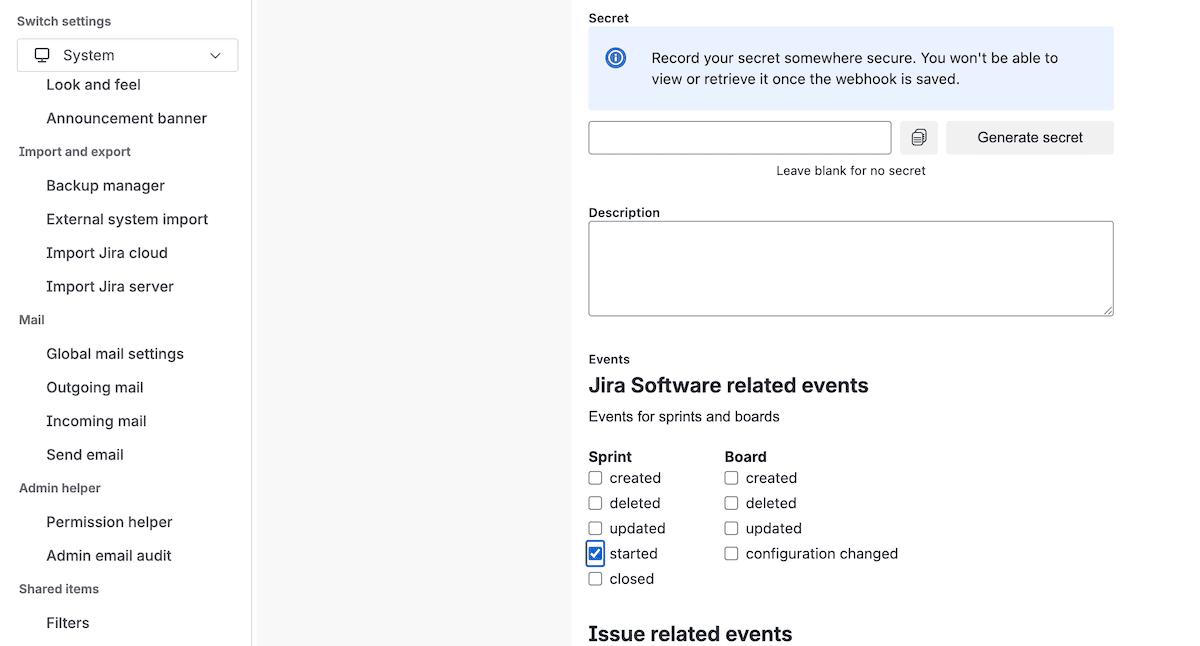 Het formulier voor het aanmaken van een Jira-webhook, met het naamveld, URL-veld en de sectie Events waarin Sprint started is geselecteerd.