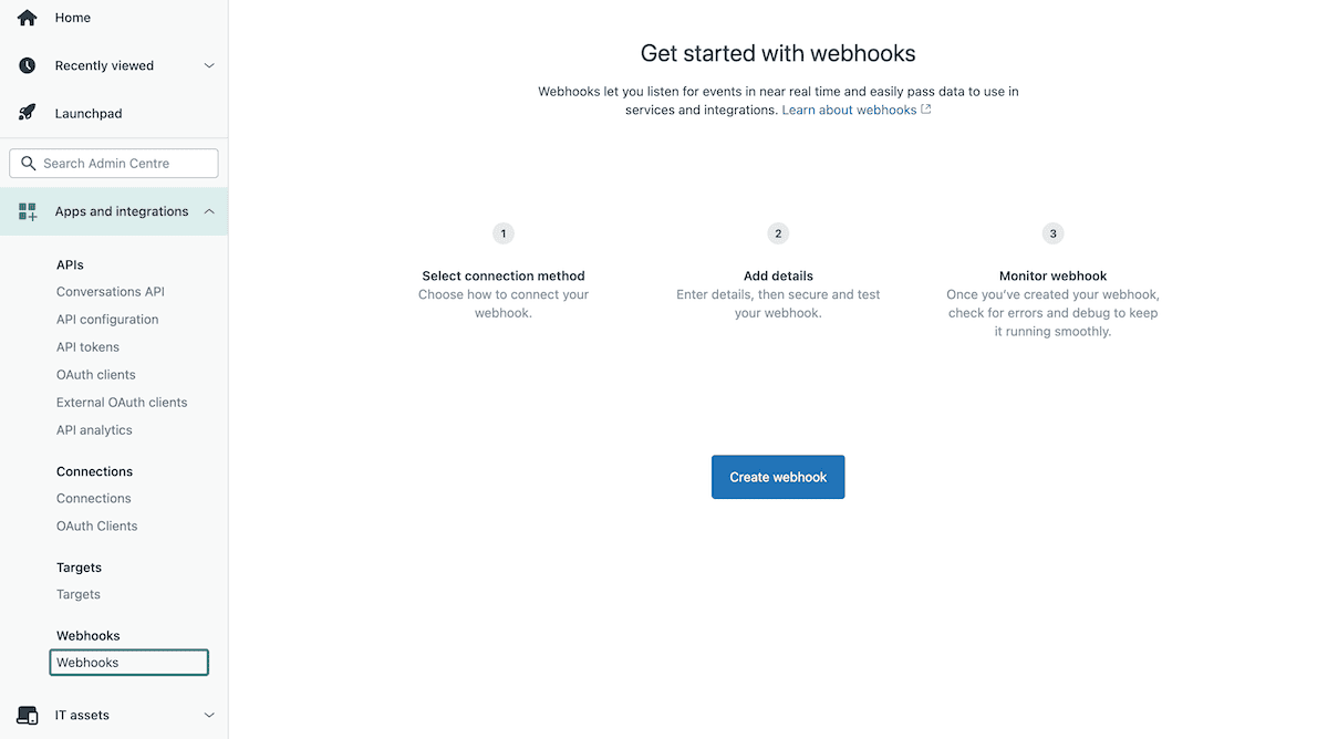 Die Zendesk-Webhooks-Seite, auf der die Option zum Erstellen eines neuen Webhooks mit einer blauen Schaltfläche in der Mitte des Bildschirms angezeigt wird.
