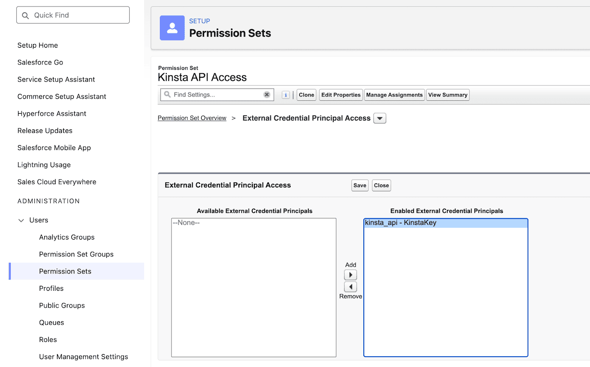The External Credential Principal Access screen showing an item moved from one disabled list to the enabled list.