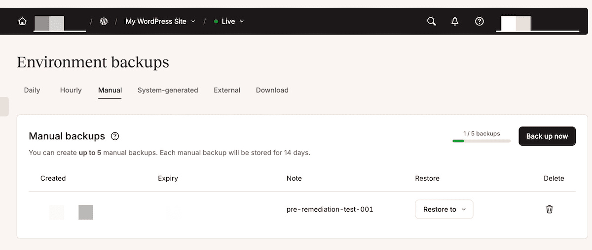 Der MyKinsta-Backup-Bildschirm zeigt ein neues Backup, das aus einem Zendesk-Ticket erstellt wurde