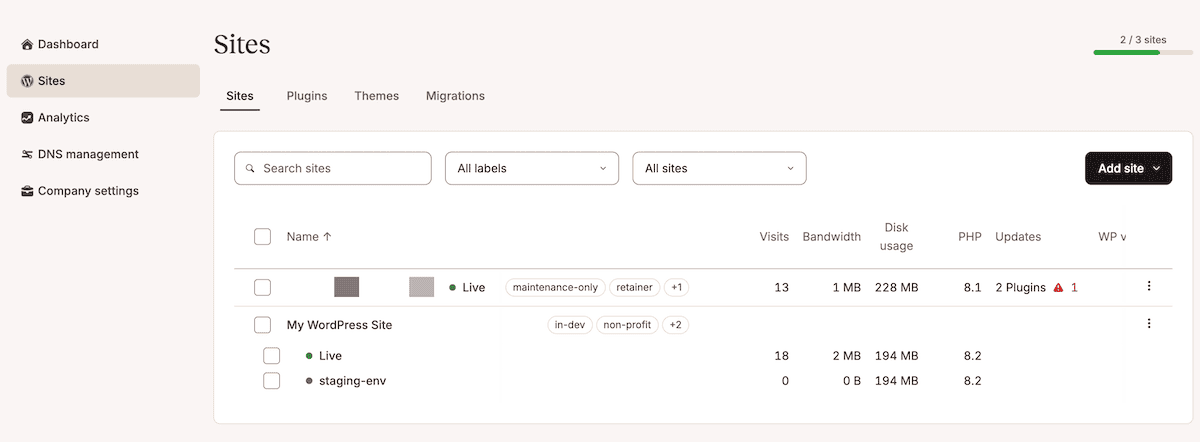 Het MyKinsta-dashboard met de omgevingenlijst van een WordPress site, waarbij een eenvoudige testomgeving met sprintnaam zichtbaar is naast de live omgeving.