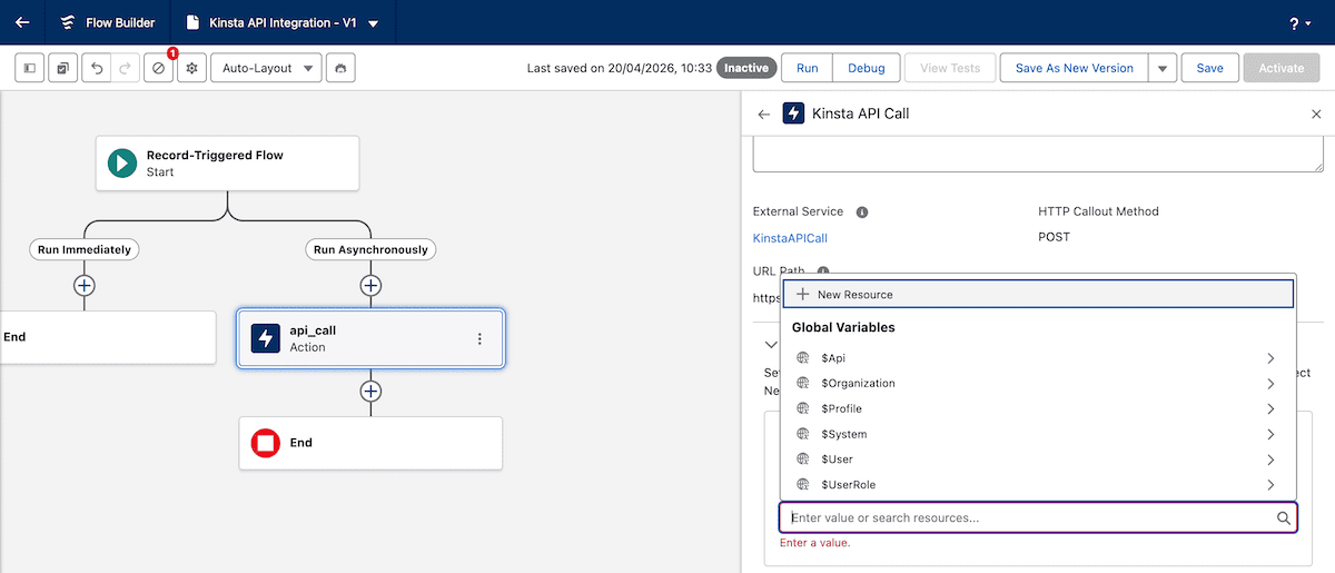 Flow Builder showing the Set Request Body drop-down menu for an Action.