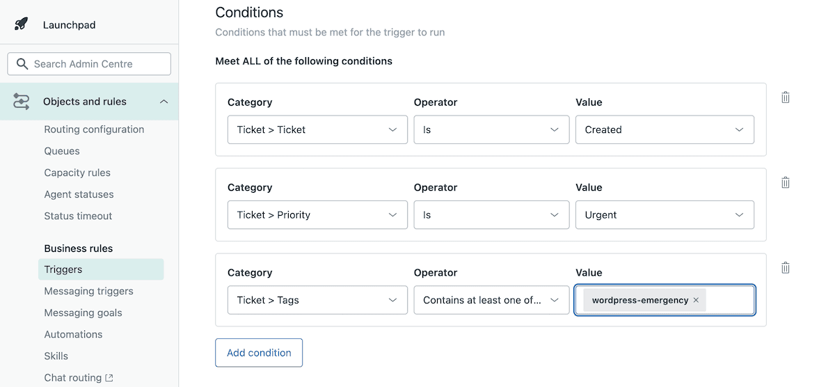 Der Zendesk-Trigger-Editor zeigt die Bedingungen an, die für „Ticket erstellt“, „Priorität: Dringend“ und „Tag enthält wordpress-emergency“ festgelegt wurden.